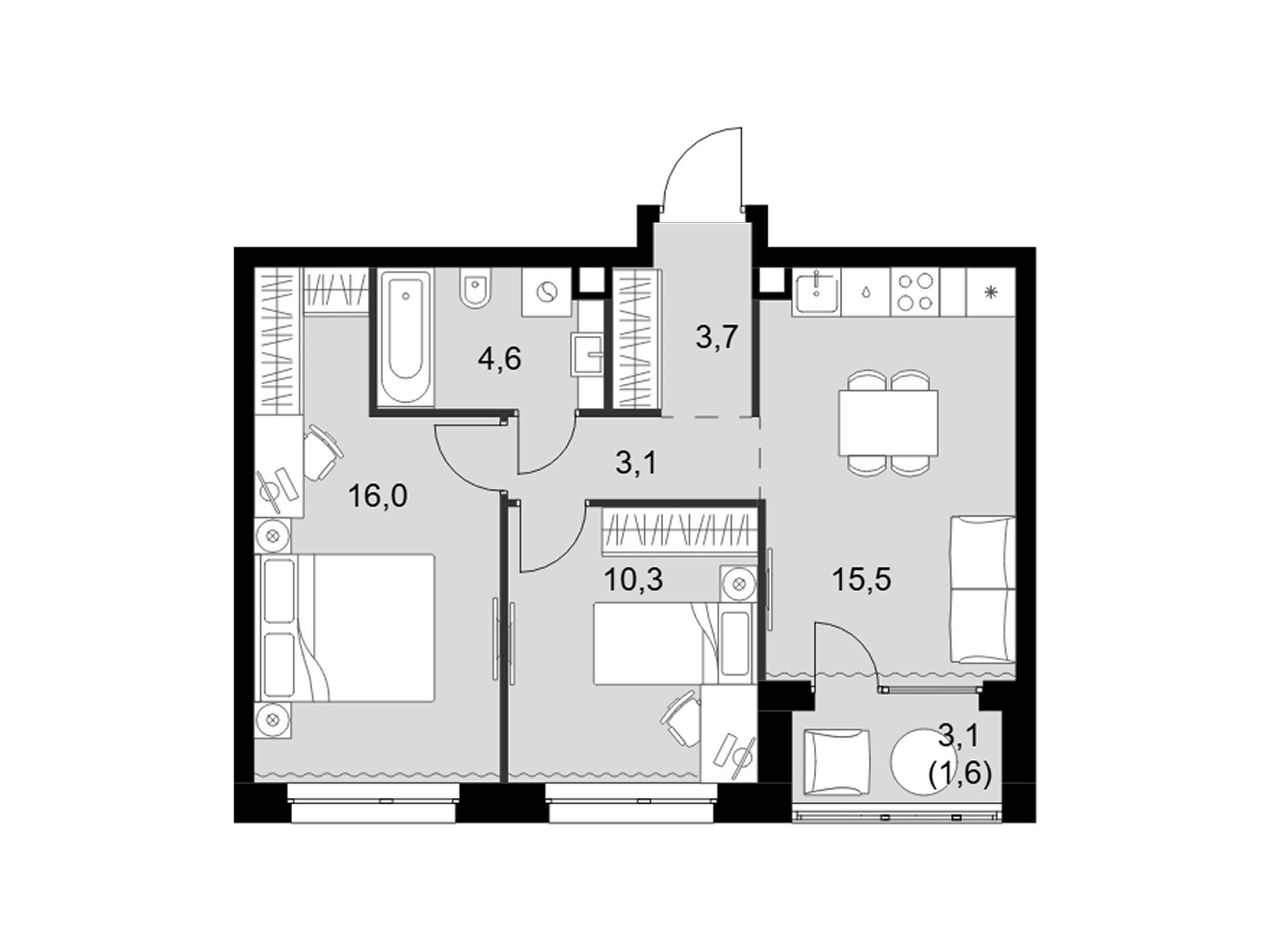 Планировка: 3-комн. квартира 54.80 м² в новостройке Симоновский вал