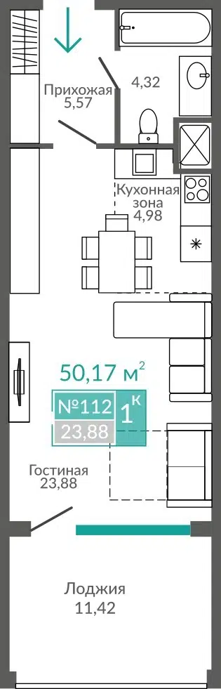 Планировка: Студия 50.17 м² в новостройке ЖК Золотые пески