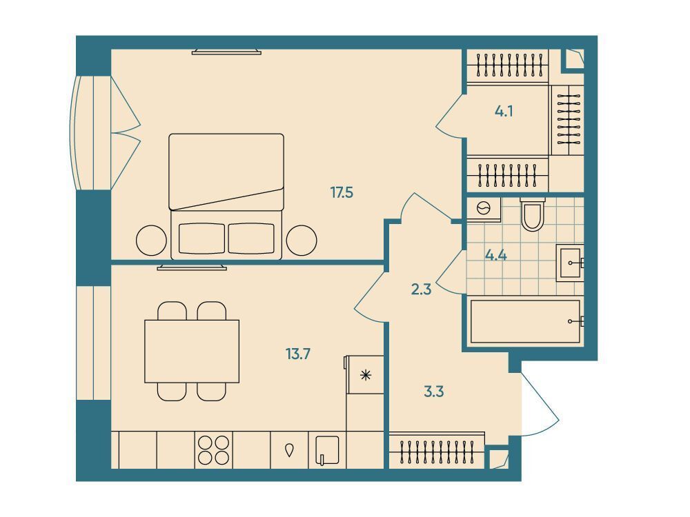 Планировка: 1-комнатная квартира 45.40 м² в новостройке ЖК ЭРА