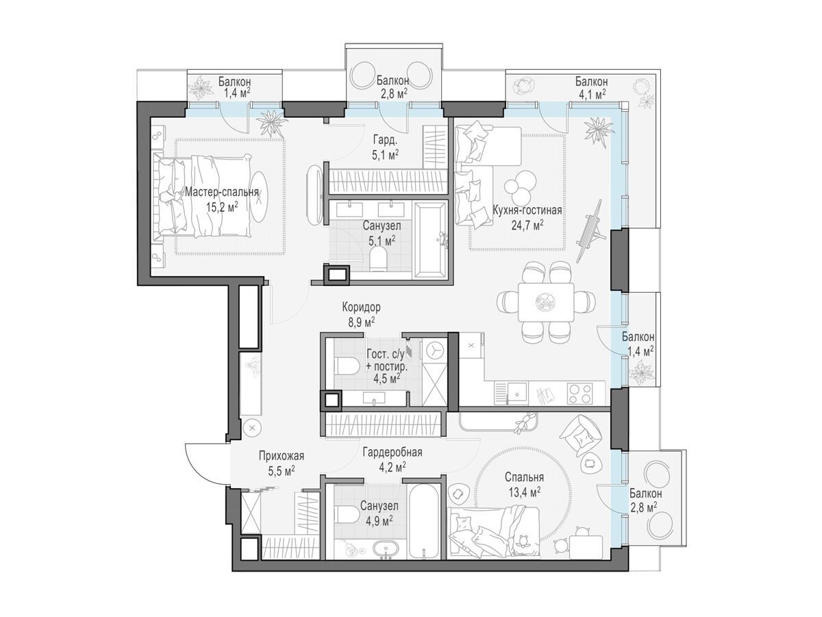 Планировка: 2-комн. квартира 95.30 м² в новостройке Тишинский бульвар