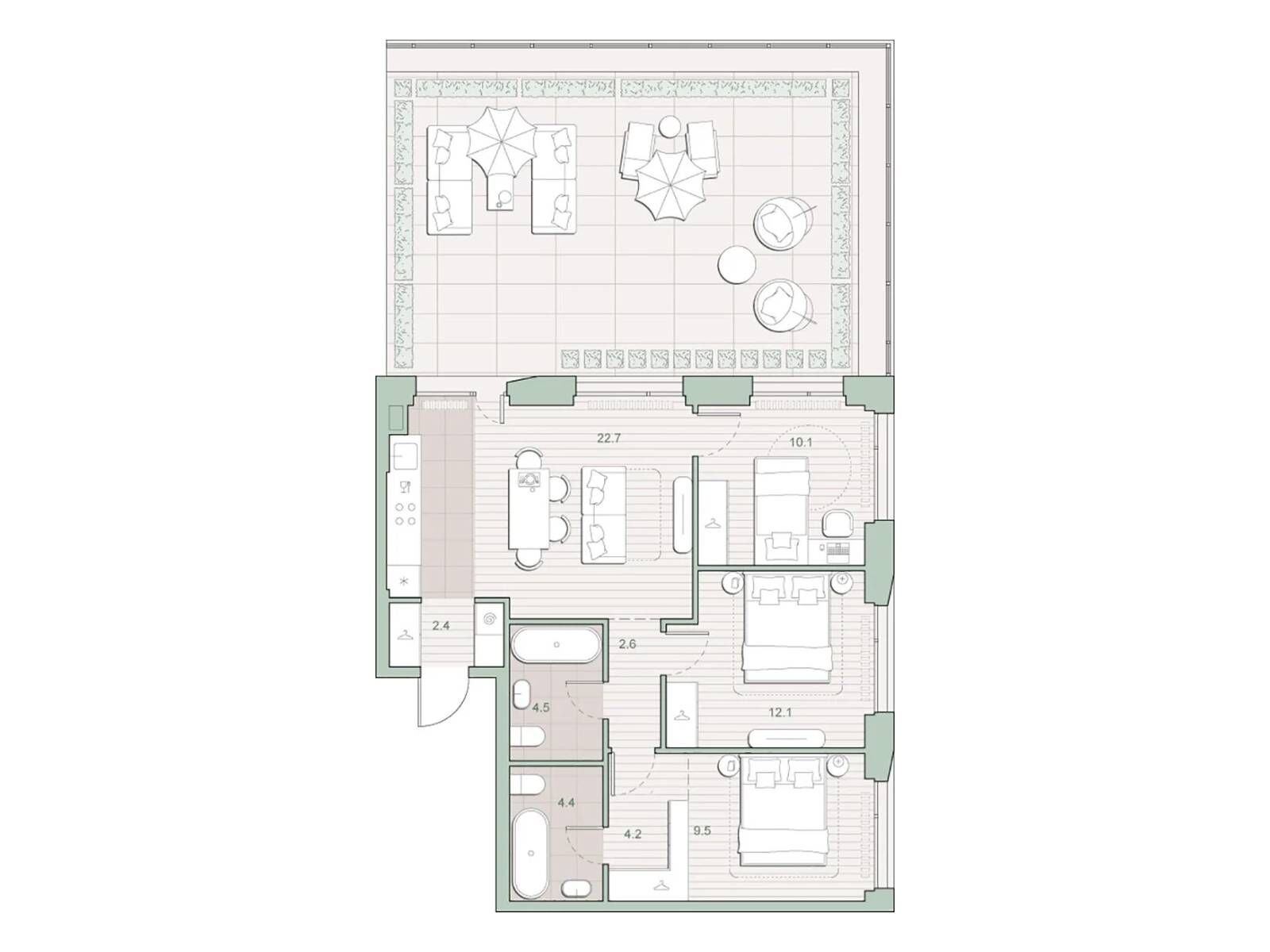 Планировка: 3-комн. квартира 89.70 м² в новостройке Среда на Лобачевского