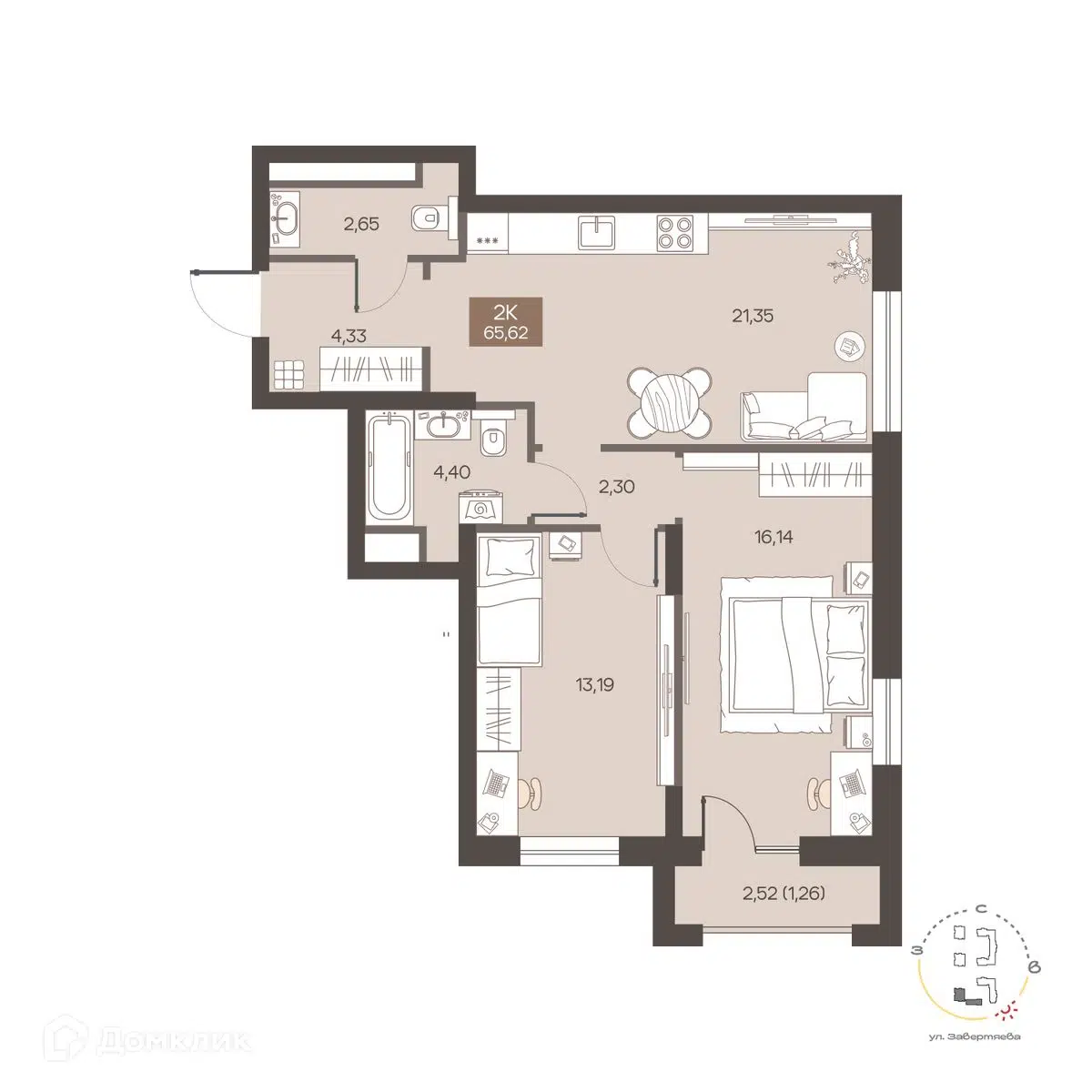 Планировка: 2-комн. квартира 65.62 м² в новостройке Заря на Завертяева