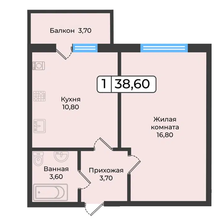 Планировка: 1-комн. квартира 45.00 м² в новостройке Европейский 5