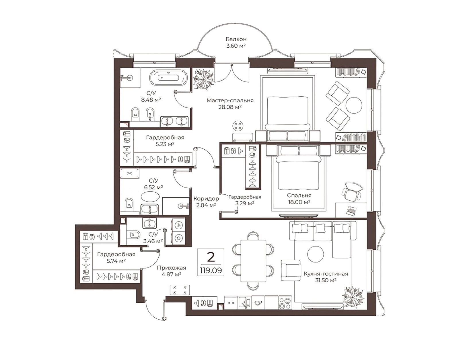 Планировка: 2-комн. квартира 119.09 м² в новостройке Клубный дом Воронцовъ