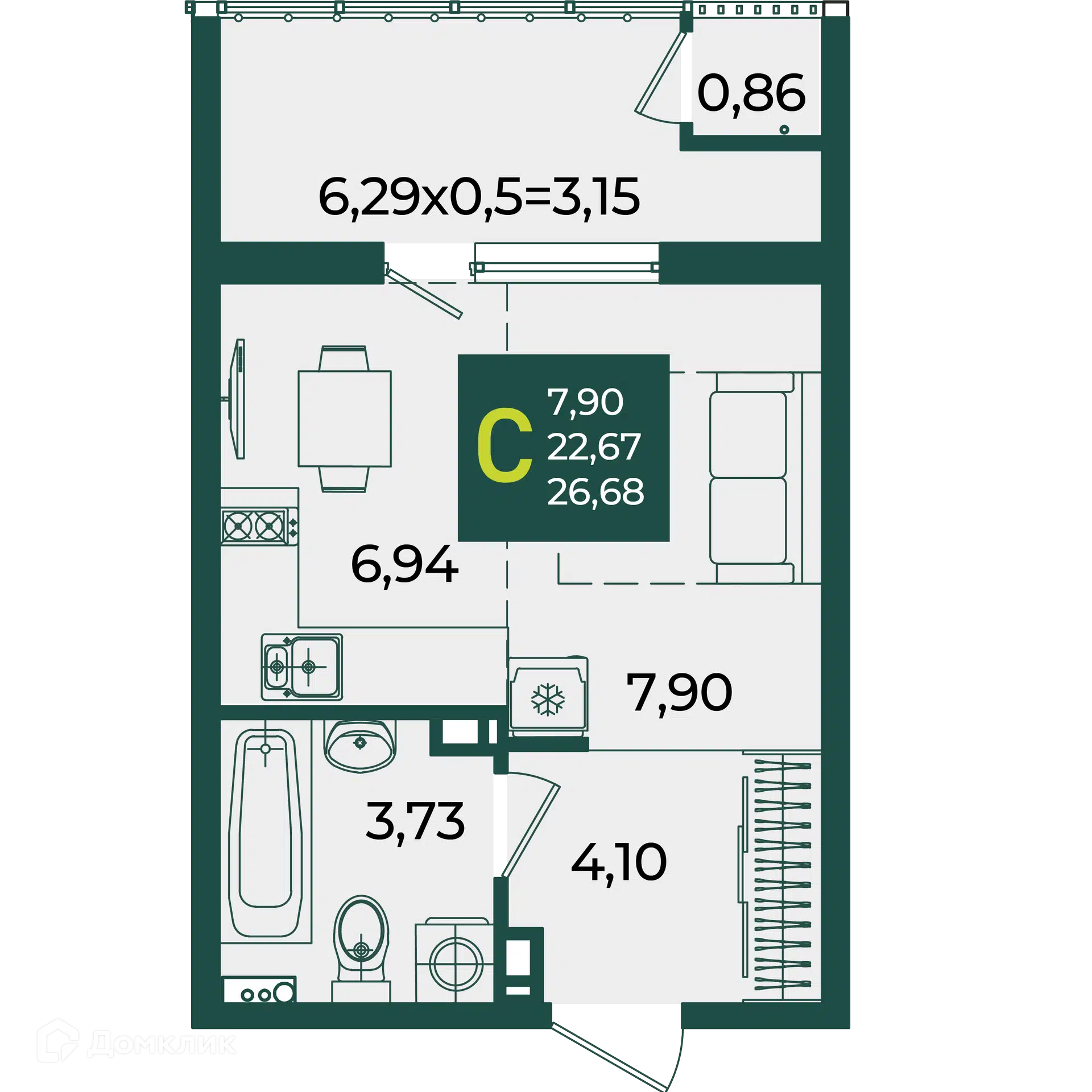 Планировка: Студия 26.68 м² в новостройке Образцово 1 очередь