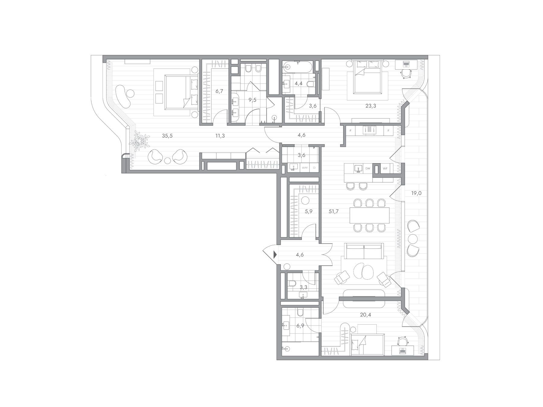 Планировка: 3-комн. квартира 201.00 м² в новостройке Фантом