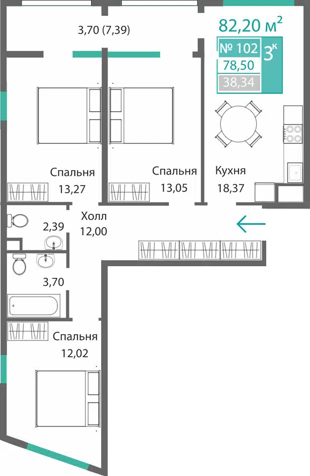 Планировка: 3-комн. квартира 78.50 м² в новостройке Барбарис