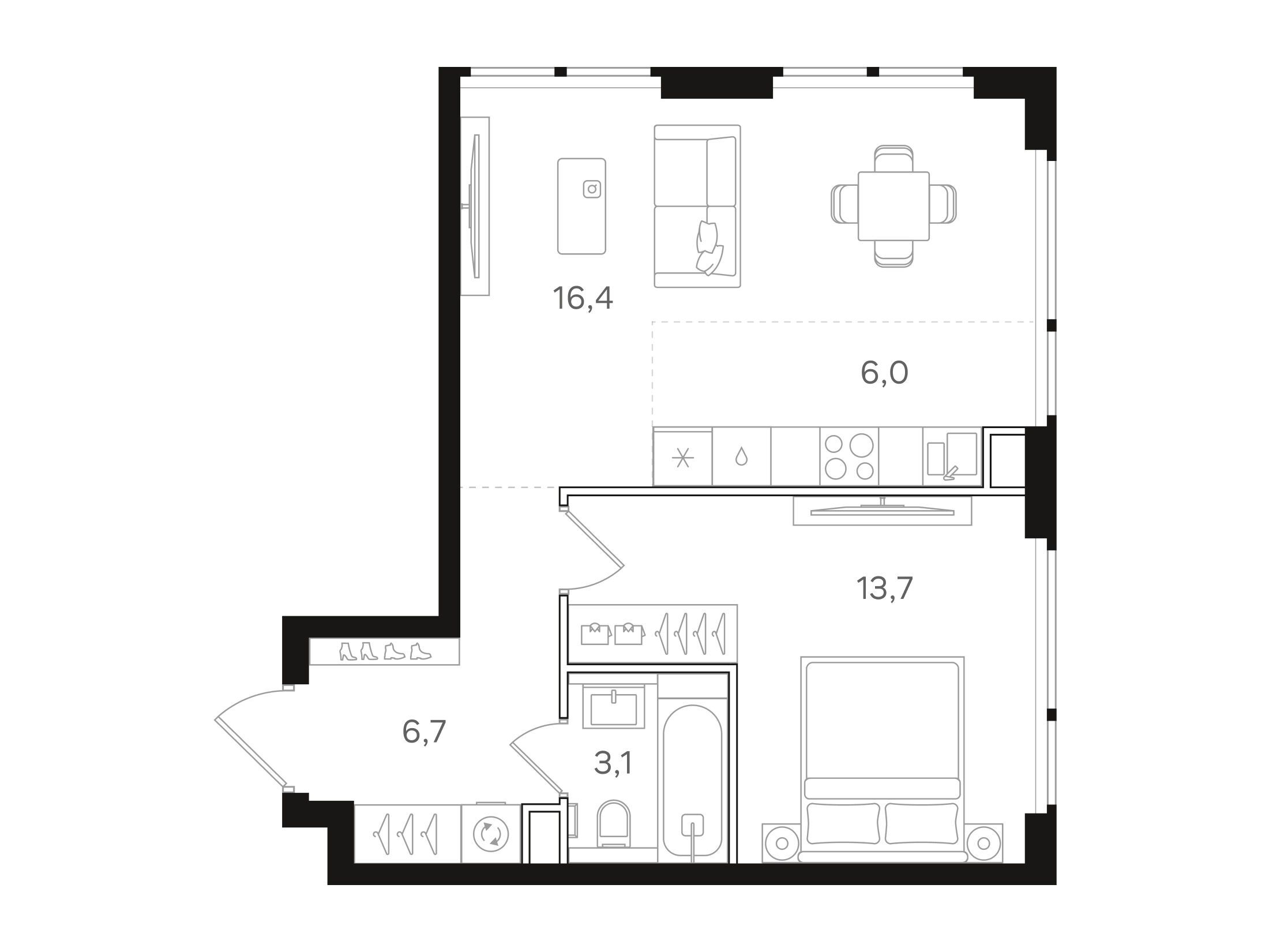 Планировка: 1-комн. квартира 45.90 м² в новостройке НАЗАРÉ