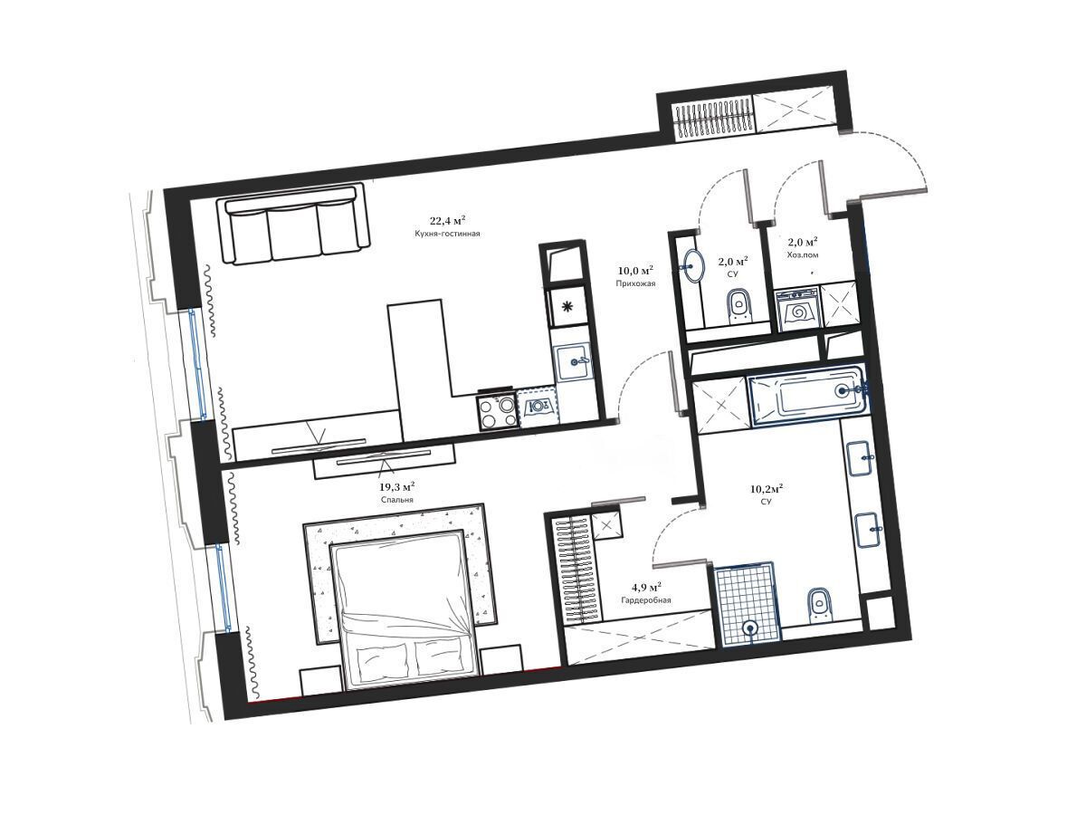 Планировка: 2-комн. квартира 70.50 м² в новостройке Дом Франка