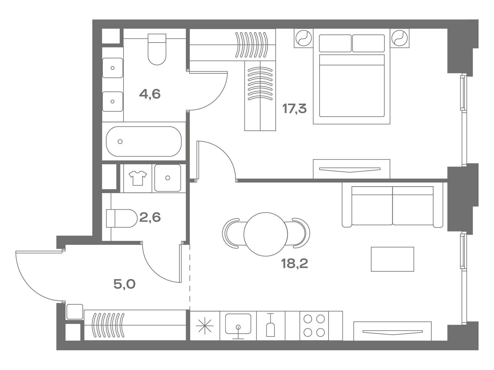 Планировка: 1-комн. квартира 47.70 м² в новостройке Соул