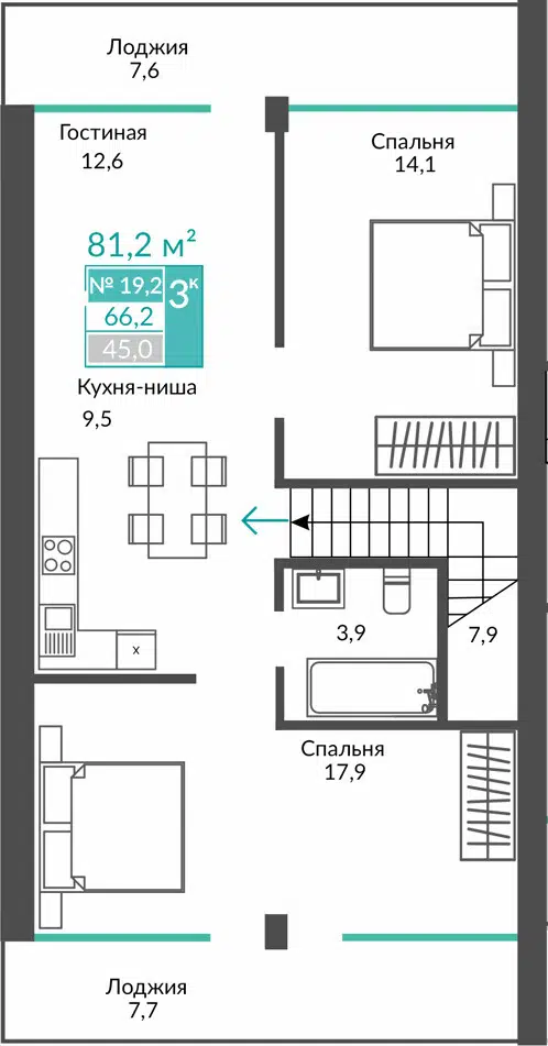 Планировка: 1-комн. квартира 81.20 м² в новостройке Апарт комплекс Удачное