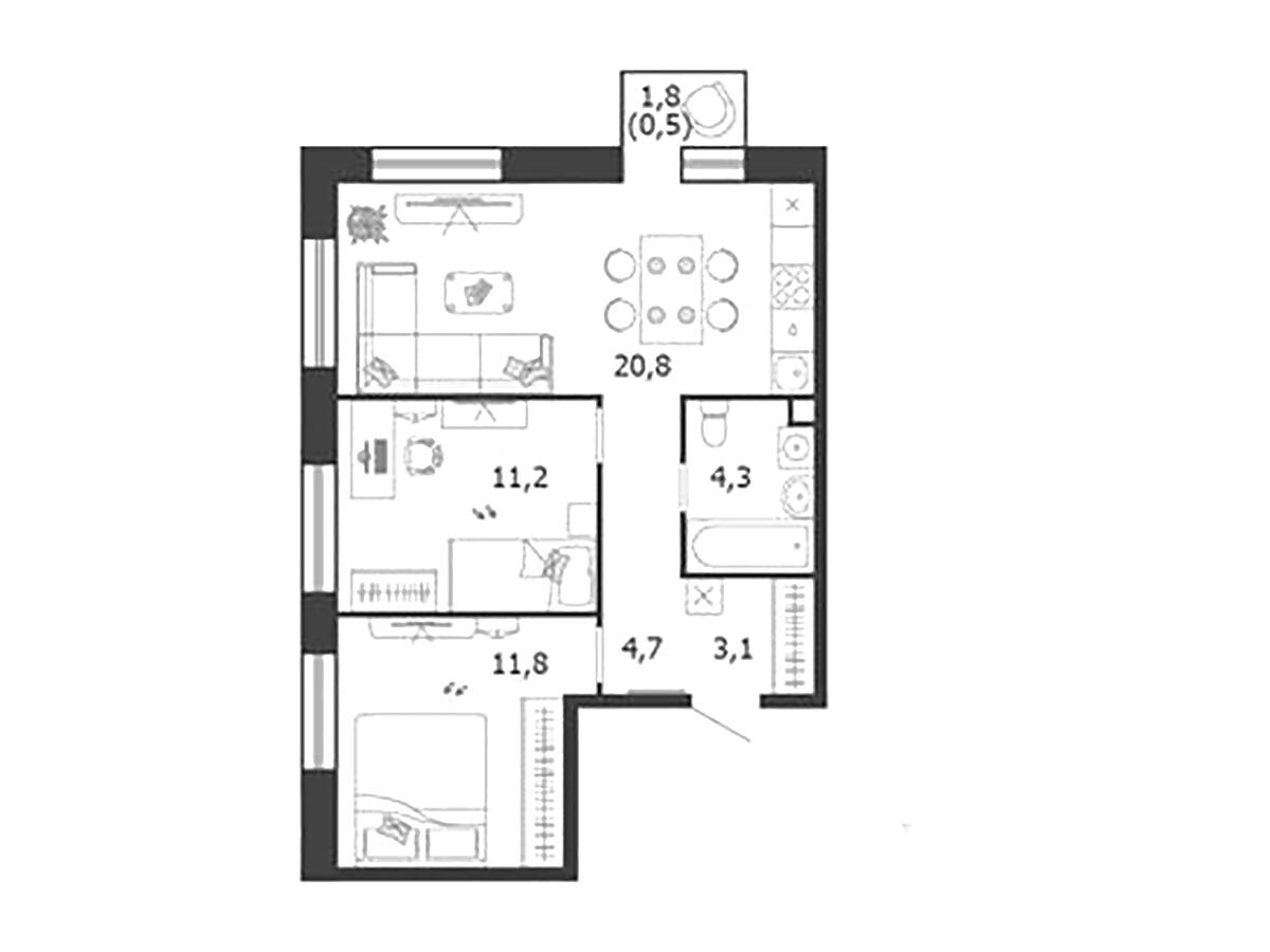 Планировка: 2-комн. квартира 56.40 м² в новостройке Шагал
