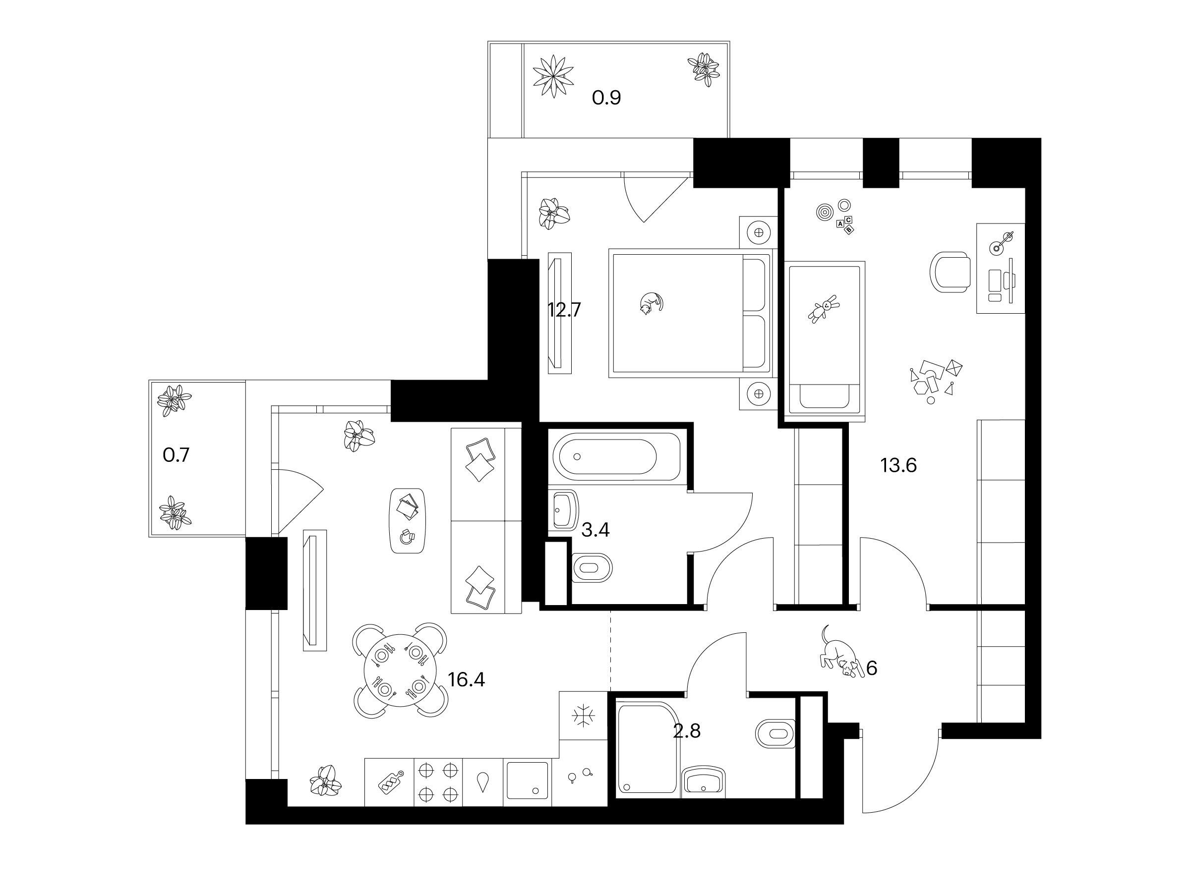 Планировка: 2-комн. квартира 56.50 м² в новостройке Строгино 360