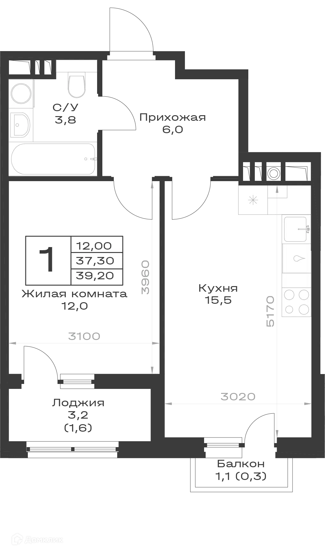 Планировка: 1-комн. квартира 38.70 м² в новостройке Экосфера