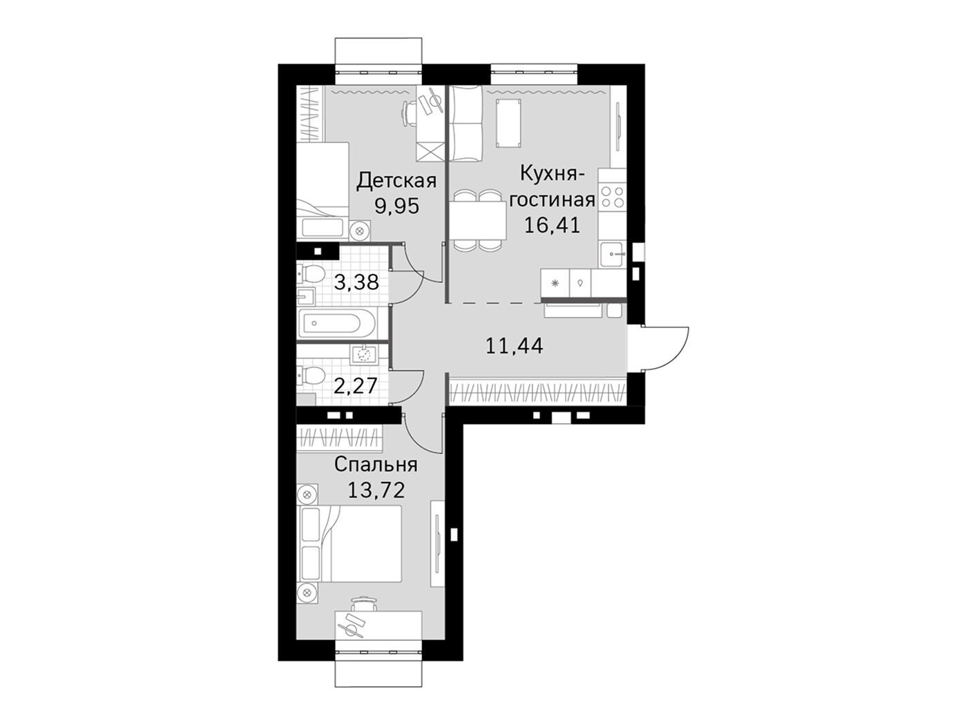 Планировка: 2-комн. квартира 57.17 м² в новостройке Жаворонки Клаб