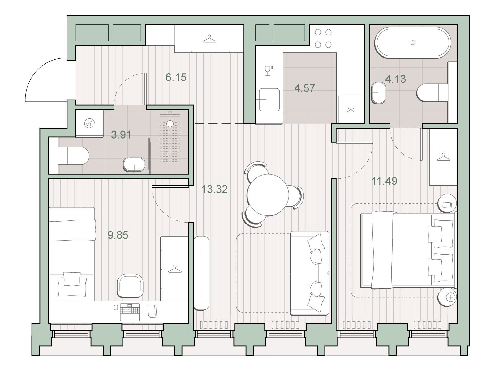 Планировка: 2-комн. квартира 53.42 м² в новостройке Среда на Кутузовском
