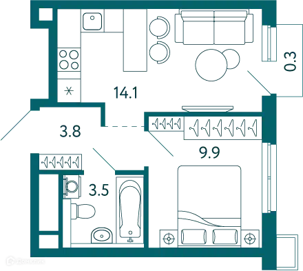 Планировка: 1-комн. квартира 31.60 м² в новостройке Садовые кварталы