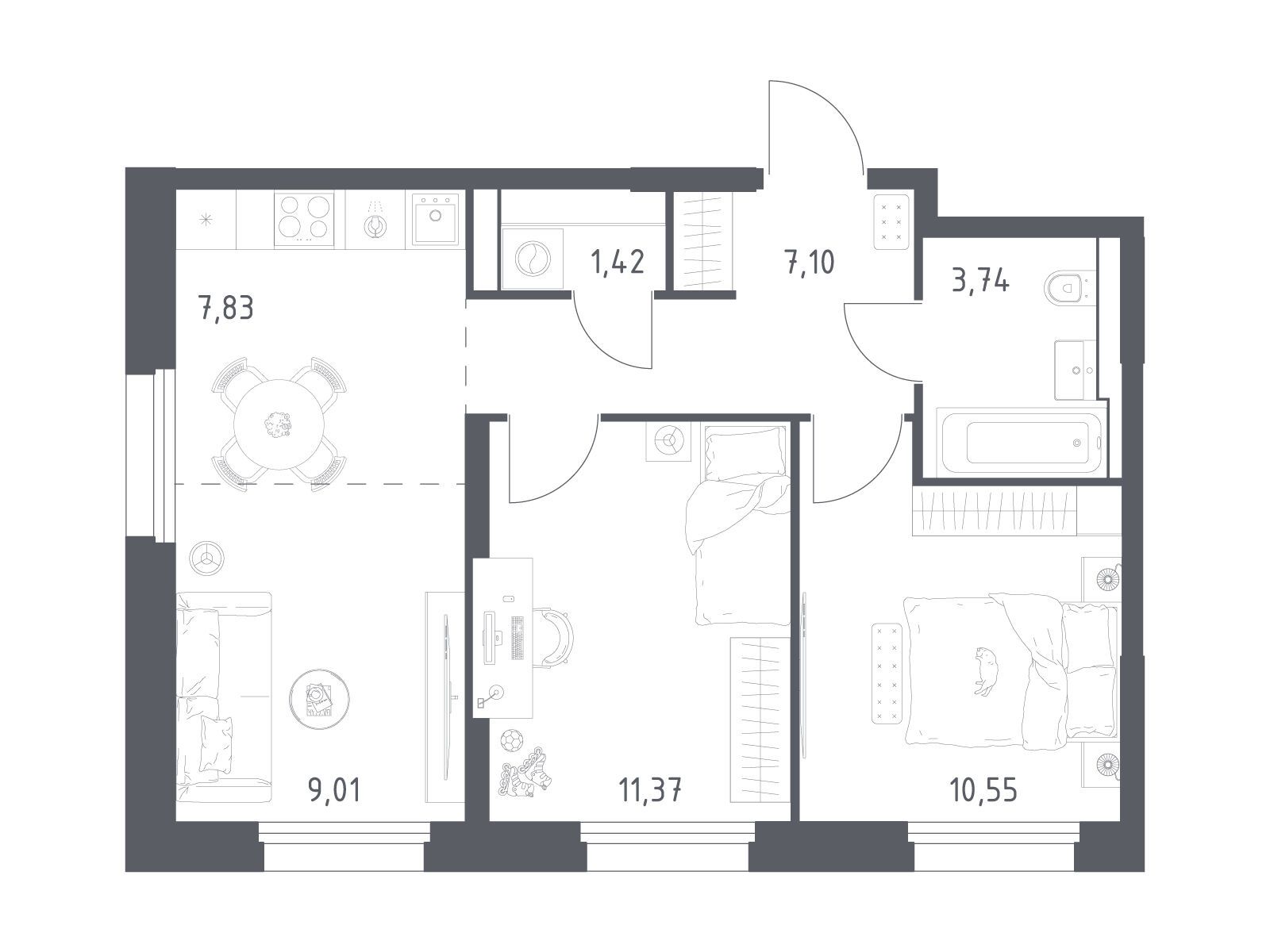 Планировка: 2-комн. квартира 51.02 м² в новостройке Квартал Строгино