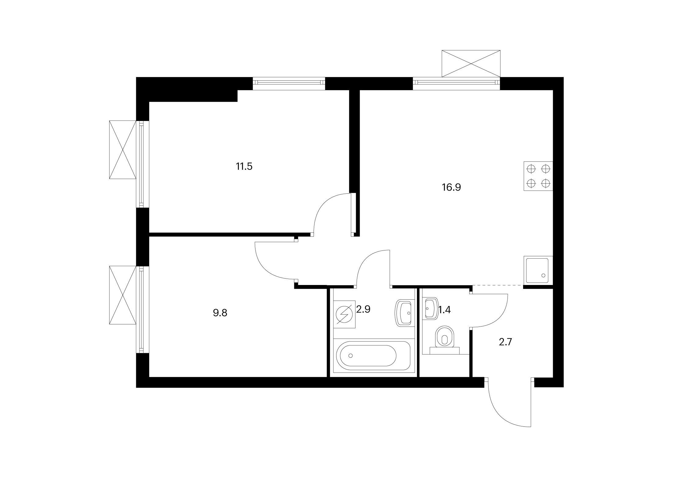 Планировка: 2-комн. квартира 45.20 м² в новостройке Люблинский парк