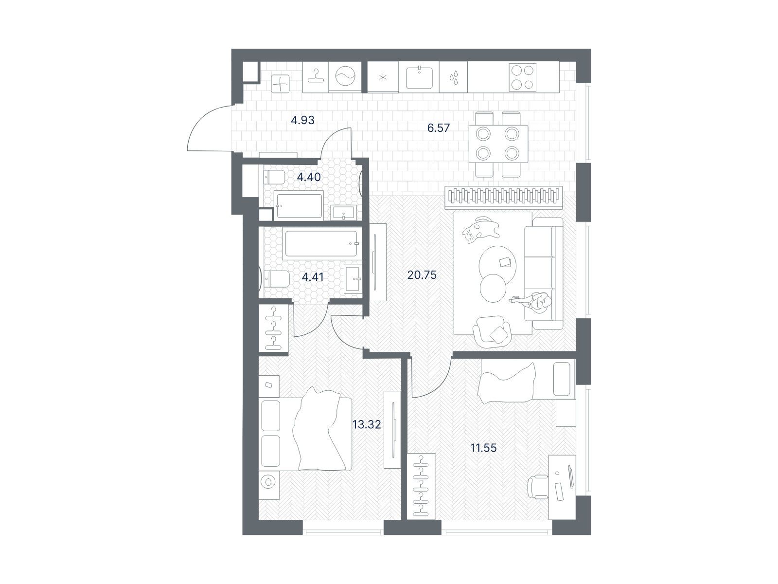 Планировка: 2-комн. квартира 65.93 м² в новостройке Тейт