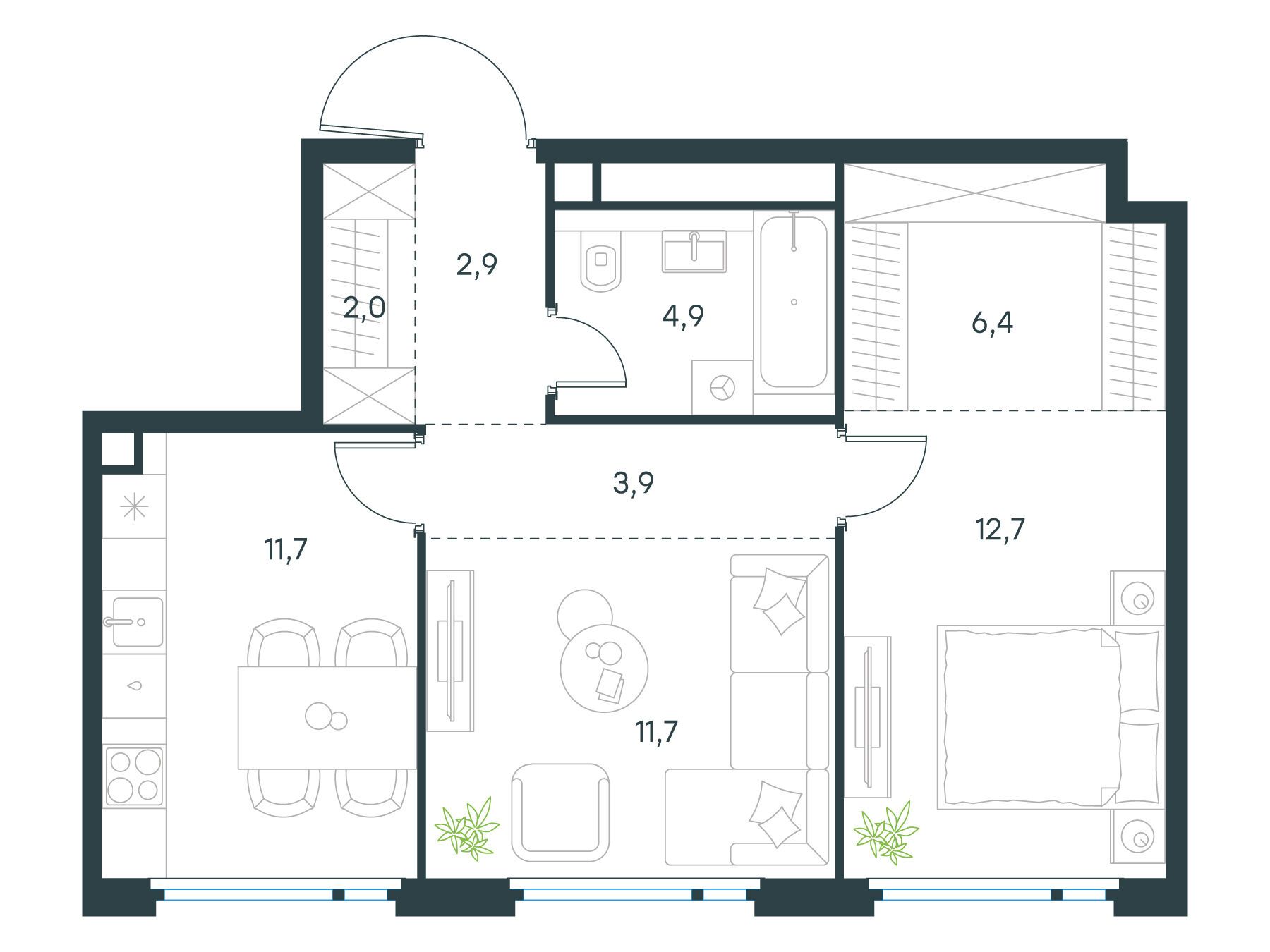 Планировка: 2-комн. квартира 56.20 м² в новостройке Левел Нижегородская