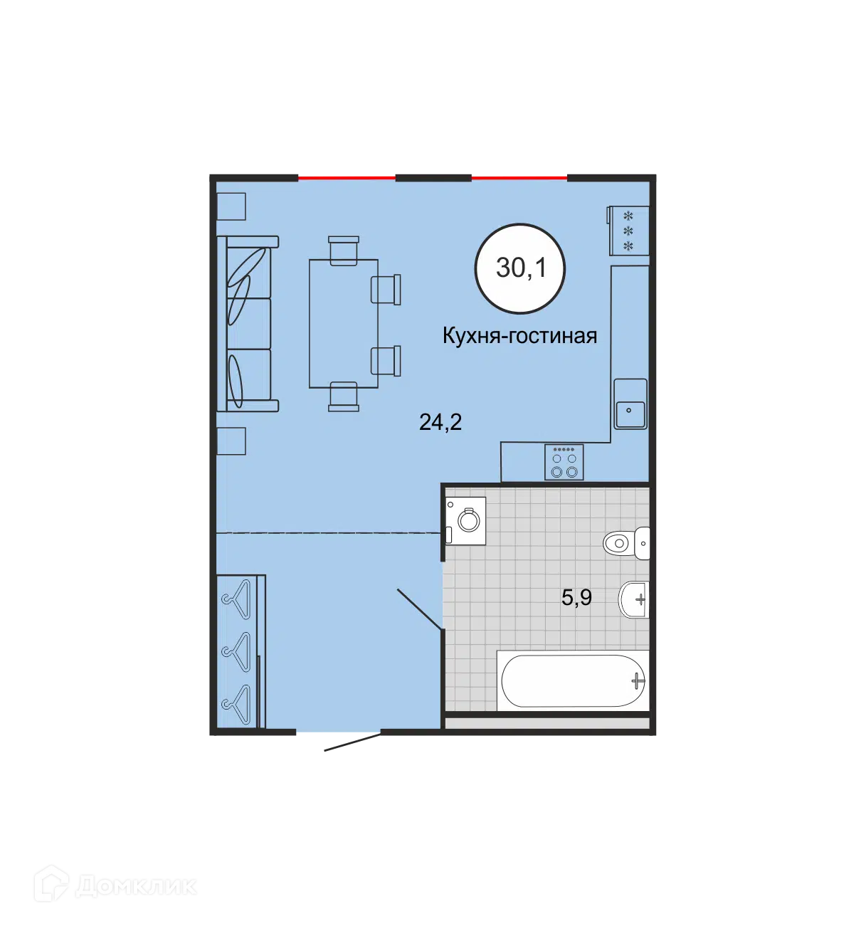 Планировка: 1-комн. квартира 30.10 м² в новостройке На Князевском