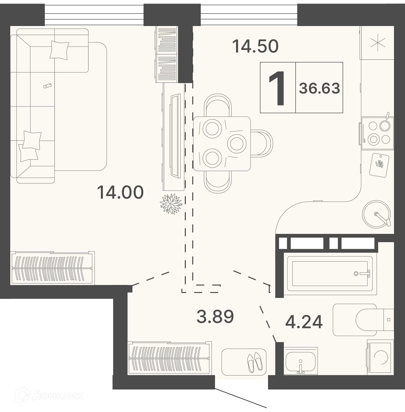 Планировка: 1-комн. квартира 36.63 м² в новостройке Светский лес
