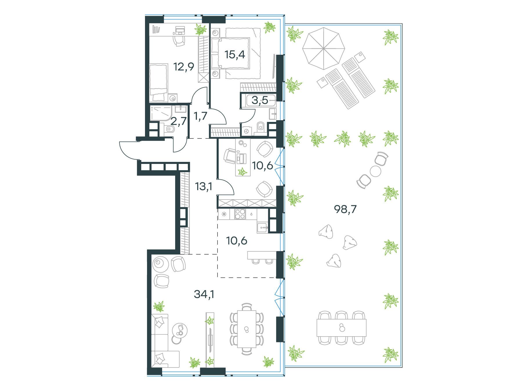 Планировка: 4-комн. квартира 104.60 м² в новостройке Левел Причальный