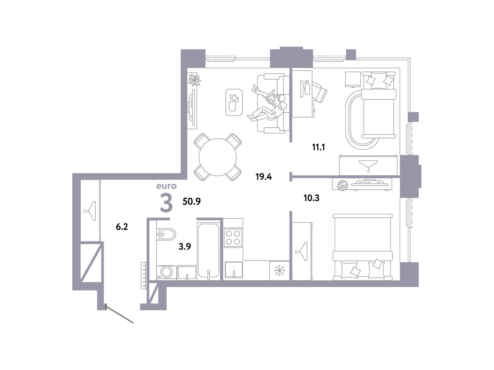 Планировка: 3-комн. квартира 50.90 м² в новостройке Страна. Заречная