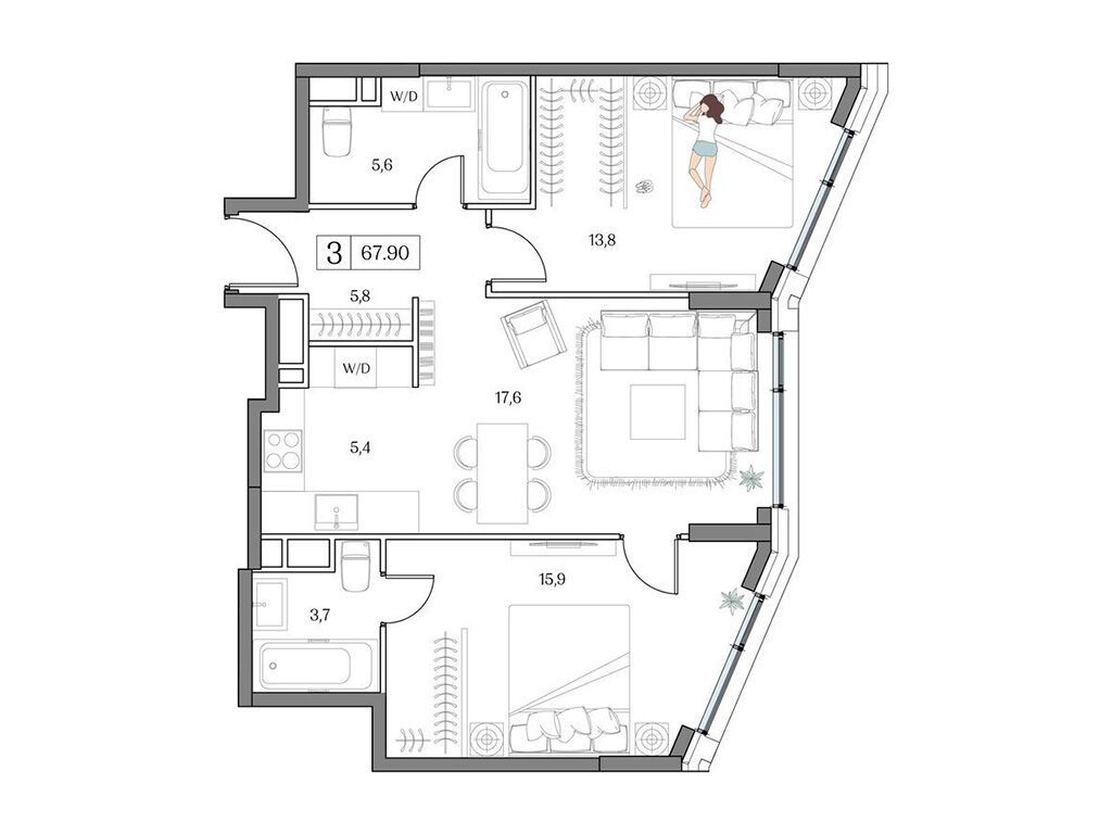 Планировка: 2-комн. квартира 67.00 м² в новостройке Дрим Рива