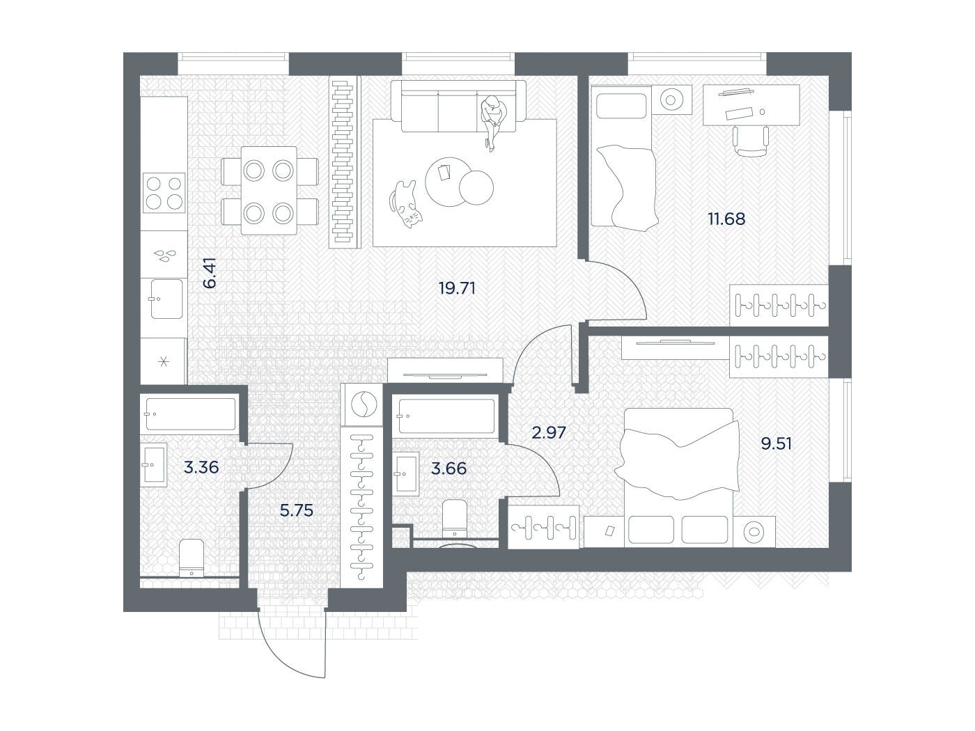 Планировка: 2-комн. квартира 63.05 м² в новостройке Тейт