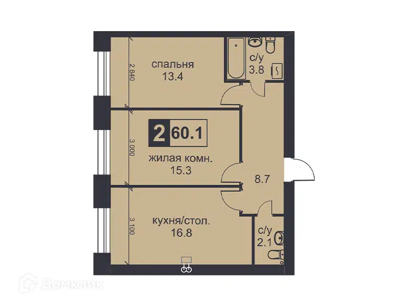 Планировка: 2-комн. квартира 60.10 м² в новостройке Михайловский