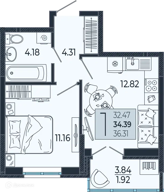 Планировка: 1-комн. квартира 34.50 м² в новостройке Эстет