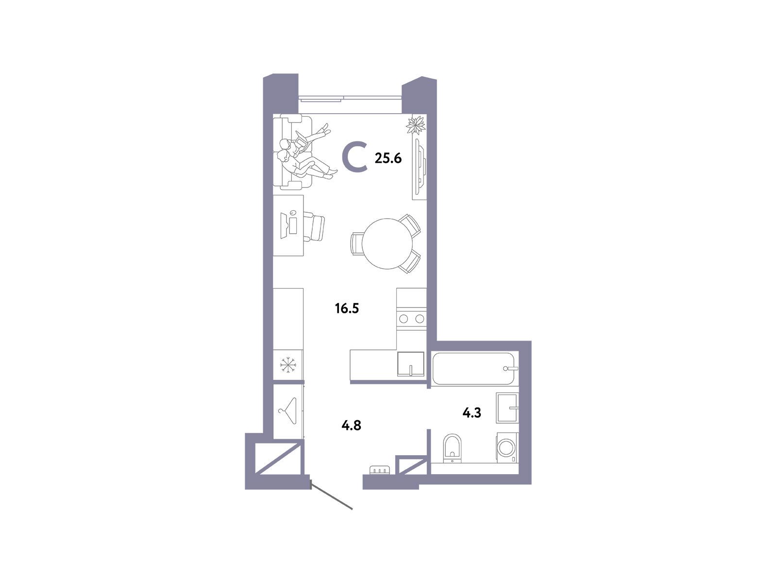 Планировка: 1-комн. квартира 25.60 м² в новостройке Страна. Заречная