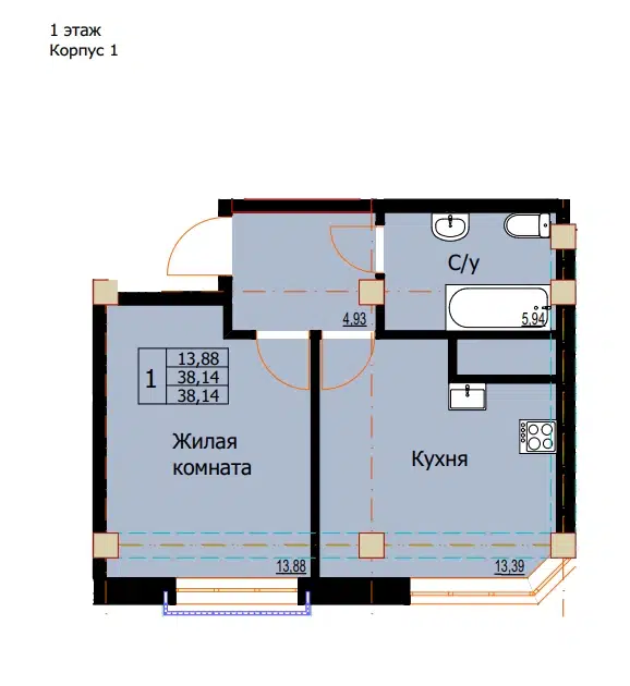 Планировка: 1-комн. квартира 38.14 м² в новостройке Резиденция г. Ессентуки