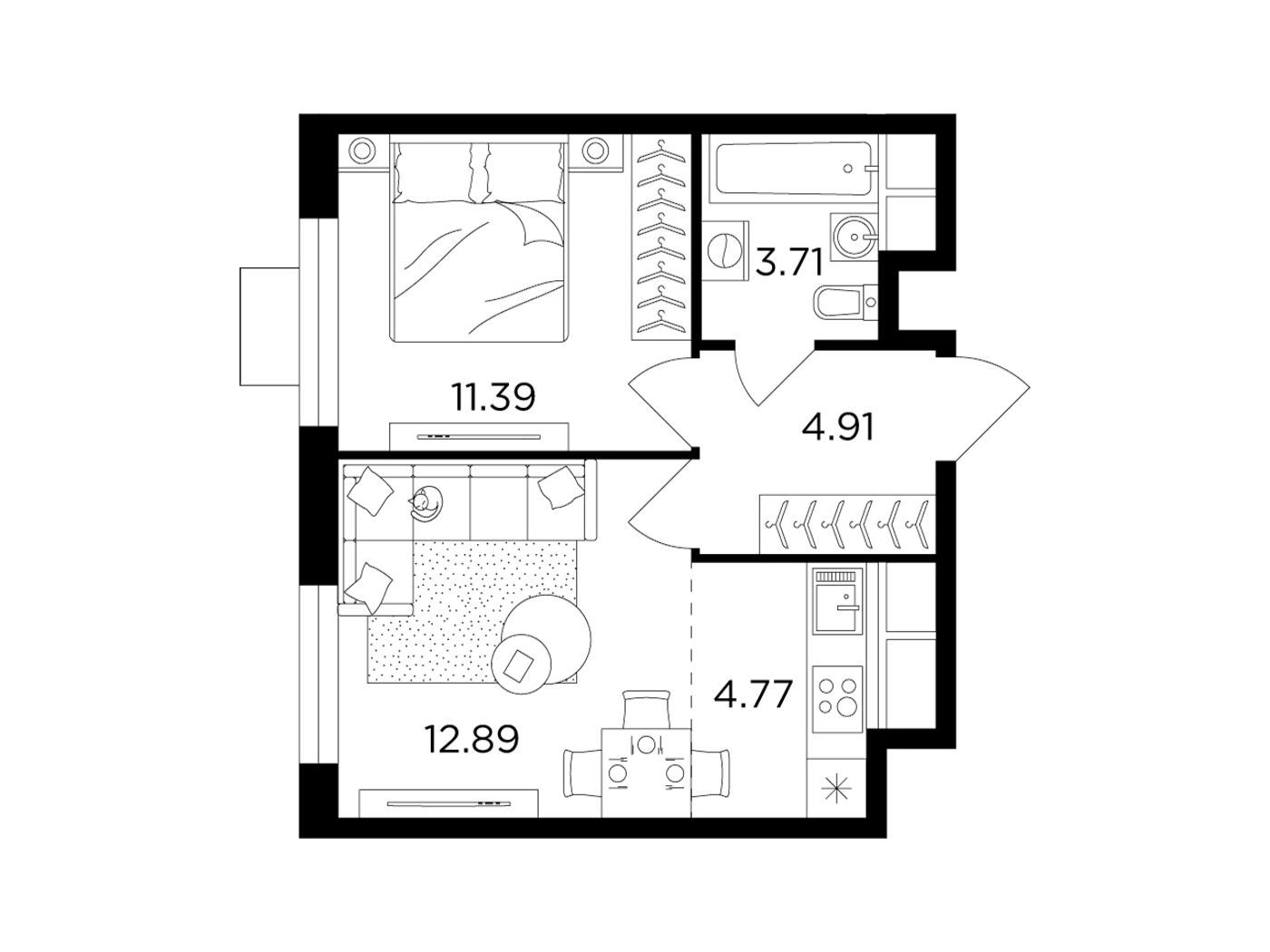 Планировка: Студия 37.40 м² в новостройке ЖК Одинград