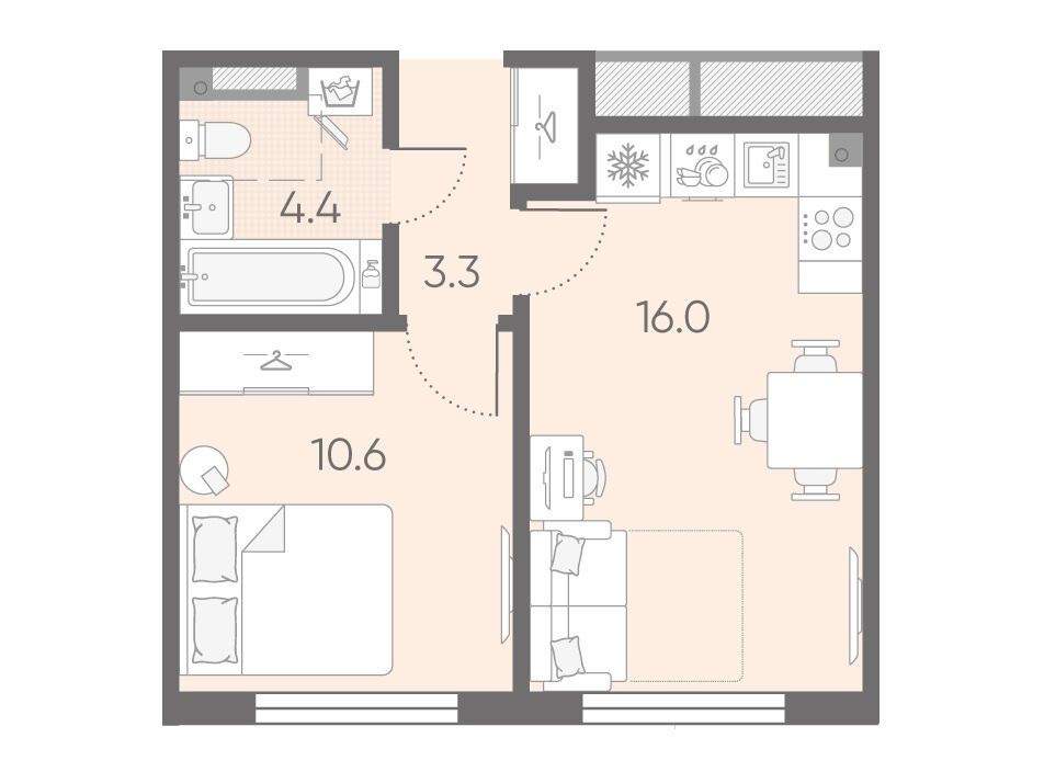 Планировка: 1-комн. квартира 34.30 м² в новостройке Пулково Лайк