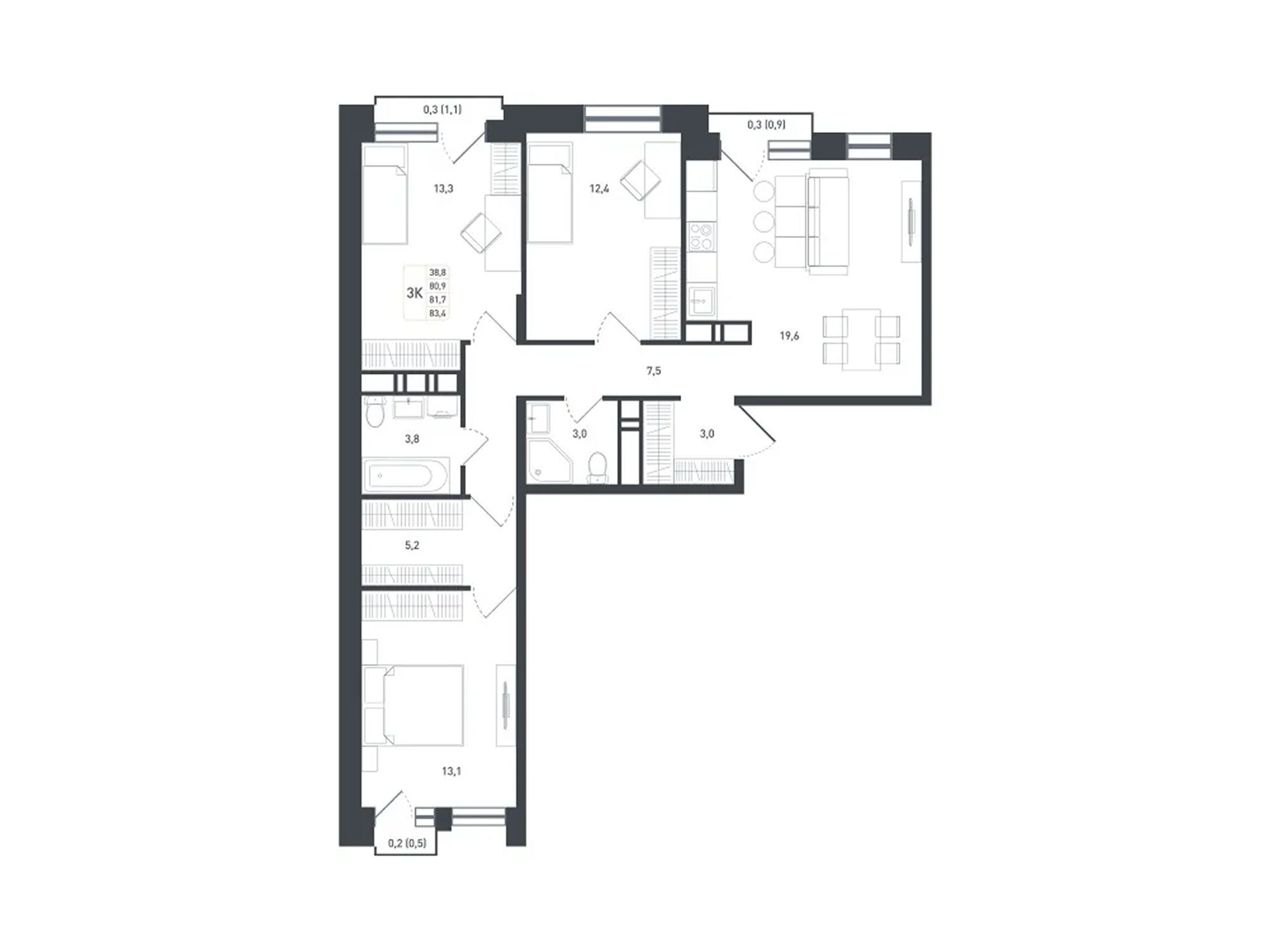 Планировка: 3-комн. квартира 86.70 м² в новостройке Новая Щербинка