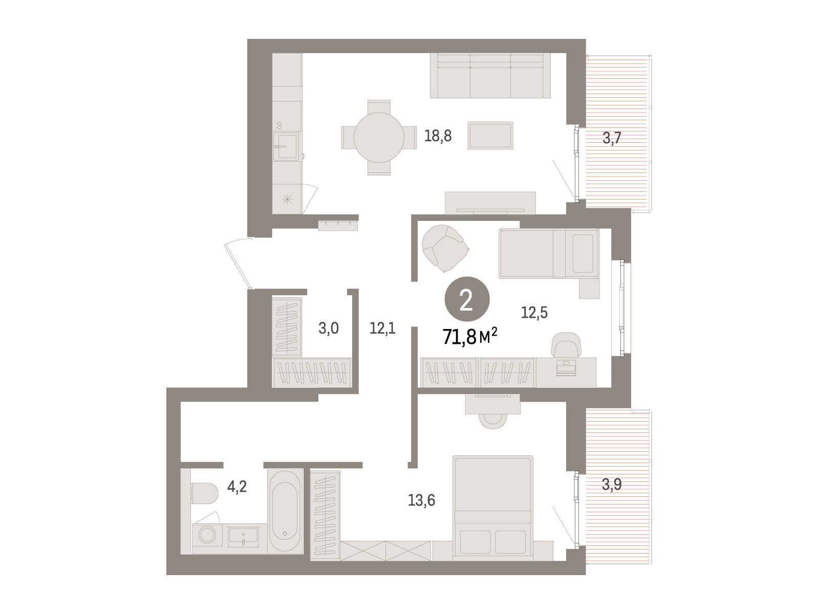 Планировка: 2-комн. квартира 71.80 м² в новостройке Брусника в Новоселье