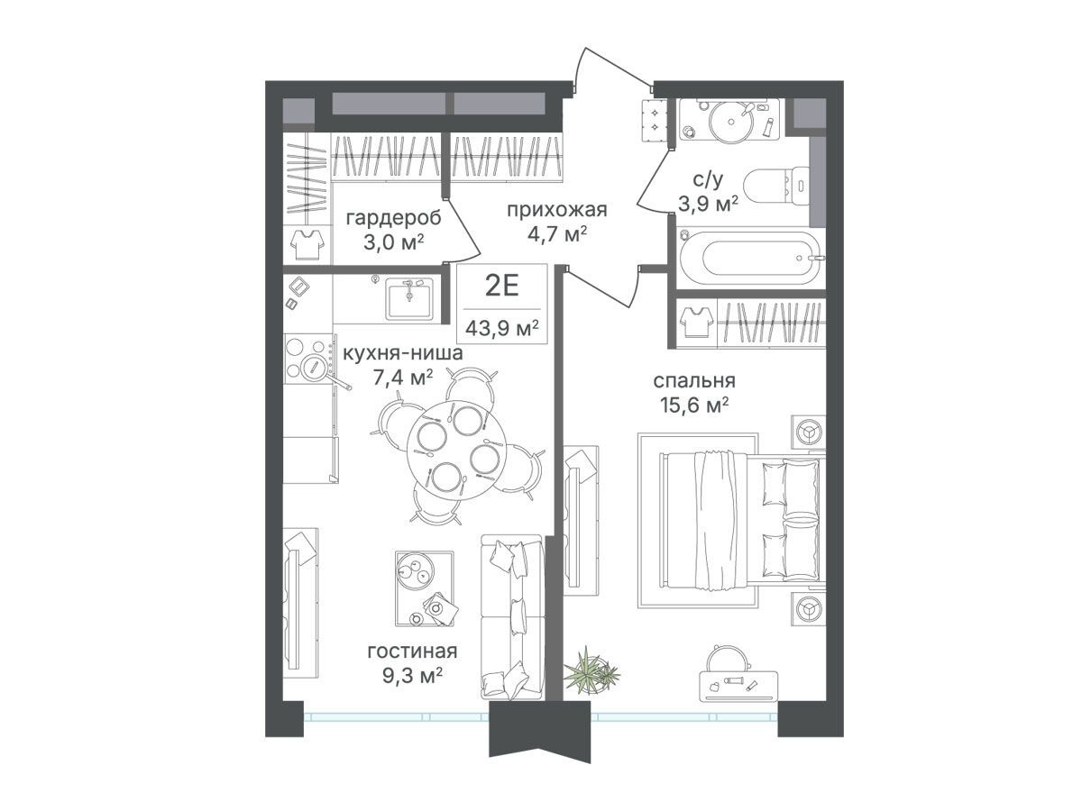 Планировка: 1-комн. квартира 43.90 м² в новостройке Петровский парк II