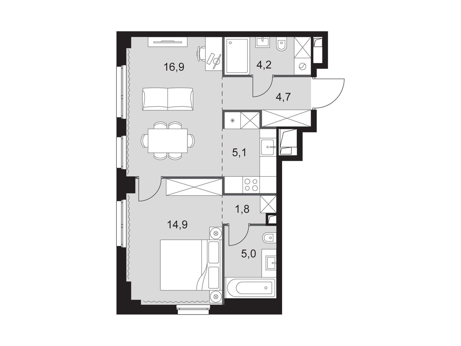 Планировка: 2-комн. квартира 52.60 м² в новостройке Сидней Сити