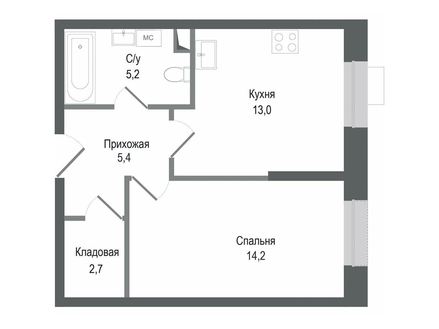 Планировка: 1-комн. квартира 40.50 м² в новостройке Киноквартал
