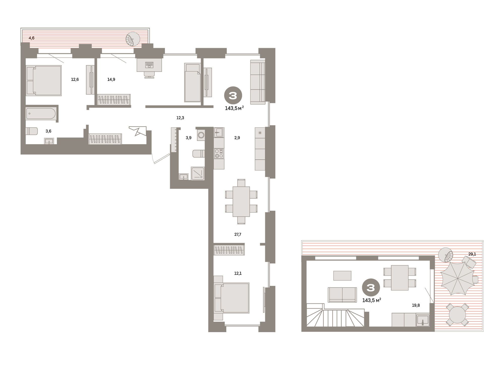 Планировка: 3-комн. квартира 143.50 м² в новостройке Метроном