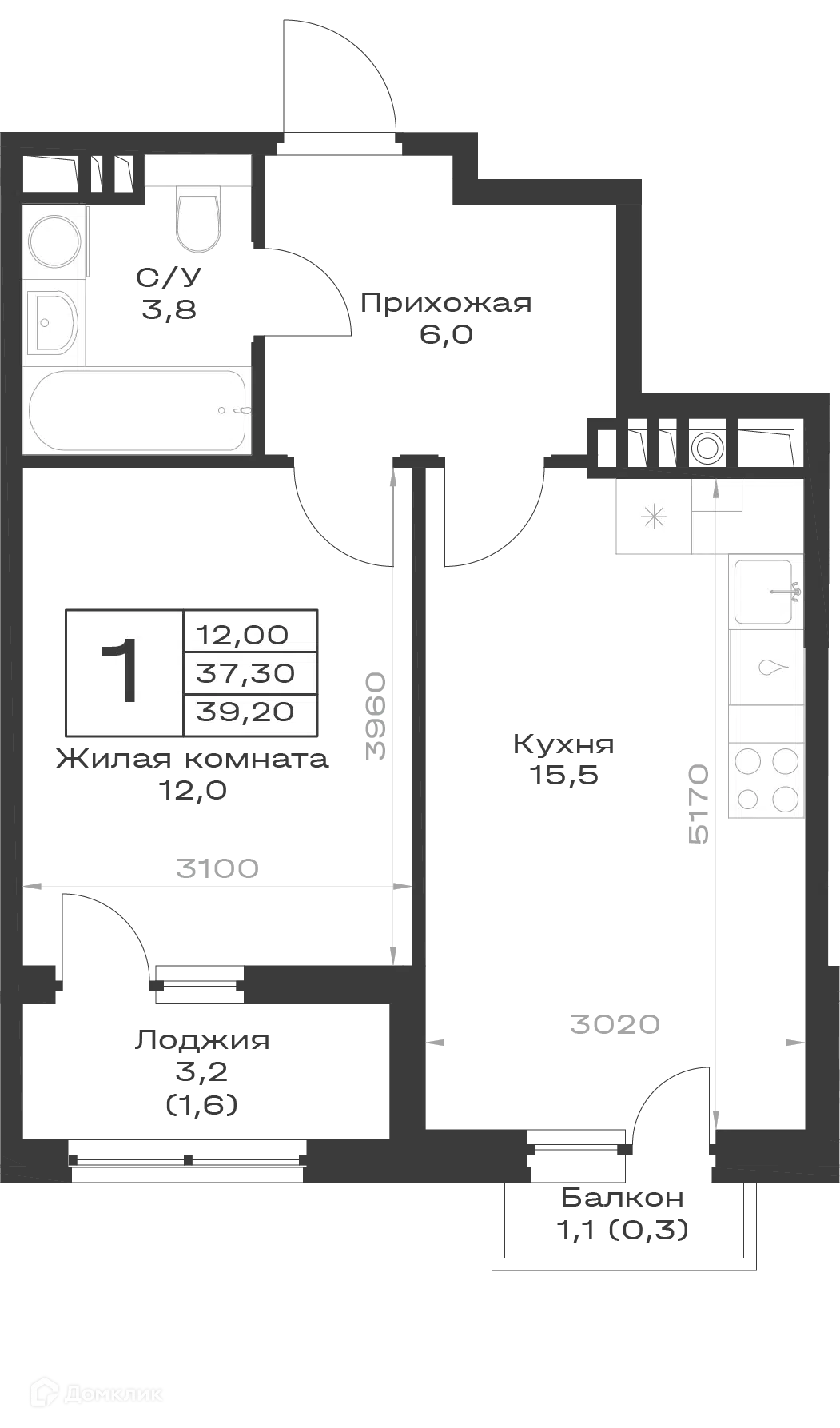 Планировка: 1-комн. квартира 38.70 м² в новостройке Экосфера