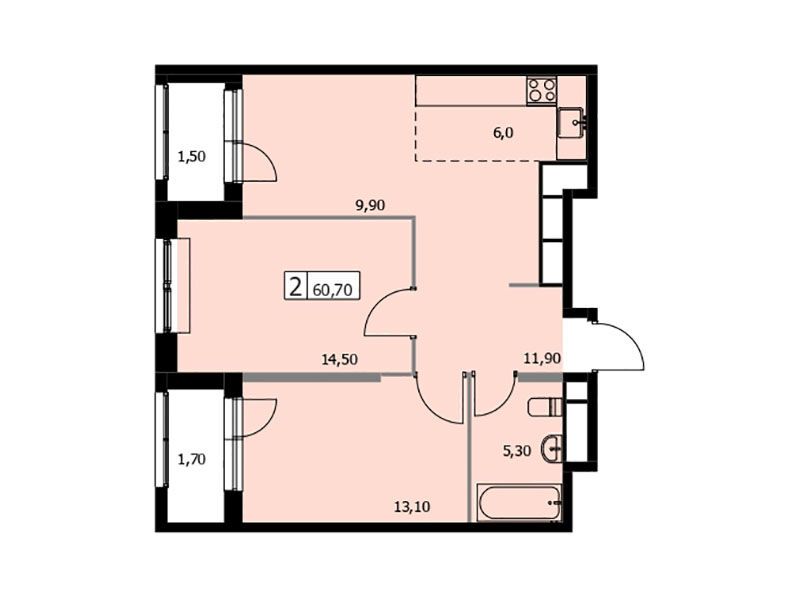 Планировка: 2-комн. квартира 60.70 м² в новостройке Селф