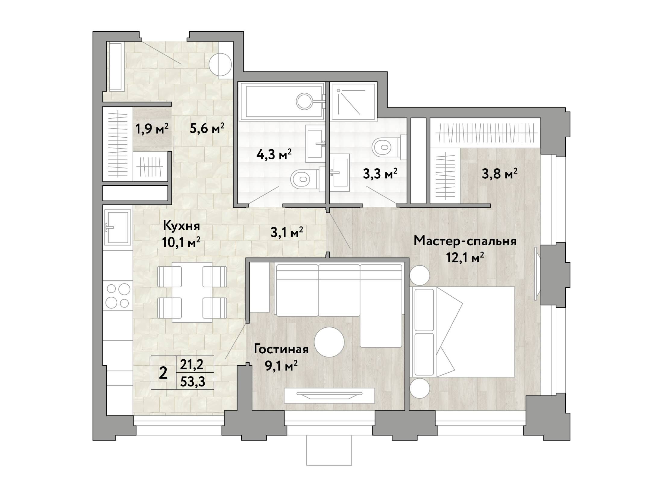 Планировка: 2-комн. квартира 53.30 м² в новостройке Новые смыслы