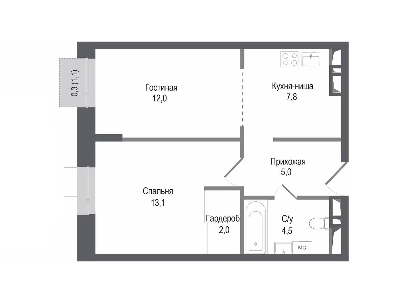 Планировка: 2-комн. квартира 44.40 м² в новостройке Киноквартал