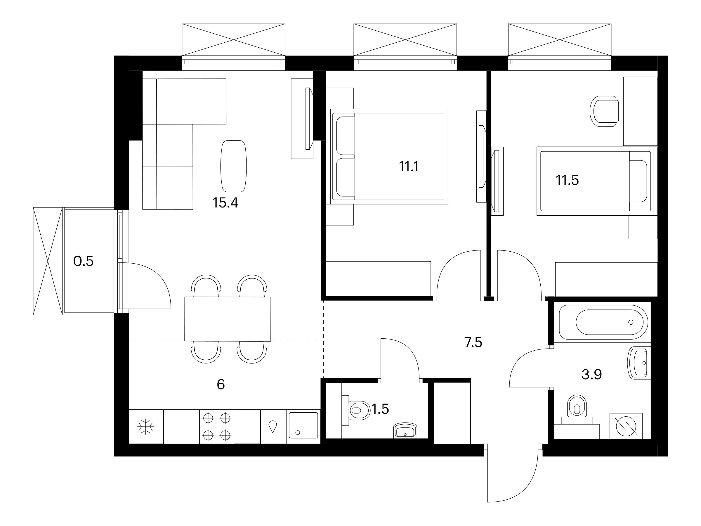 Планировка: 2-комн. квартира 57.40 м² в новостройке Никольские луга