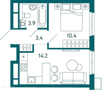 Планировка: 1-комн. квартира 31.90 м² в новостройке Садовые кварталы