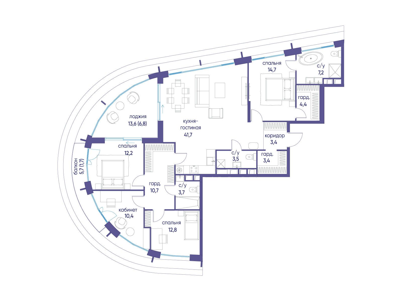 Планировка: 4-комн. квартира 136.70 м² в новостройке ЖК Остров